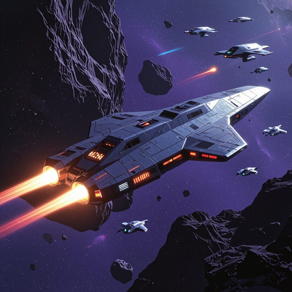 Futuristic Spaceship Fires Lasers at Asteroid