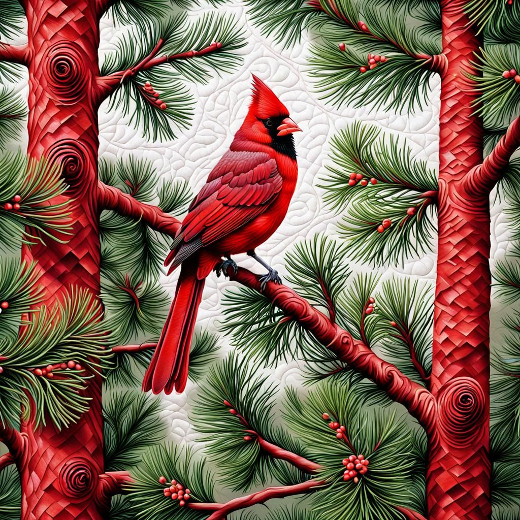 Red Cardinal in Pine Tree Quilted Photorealistic