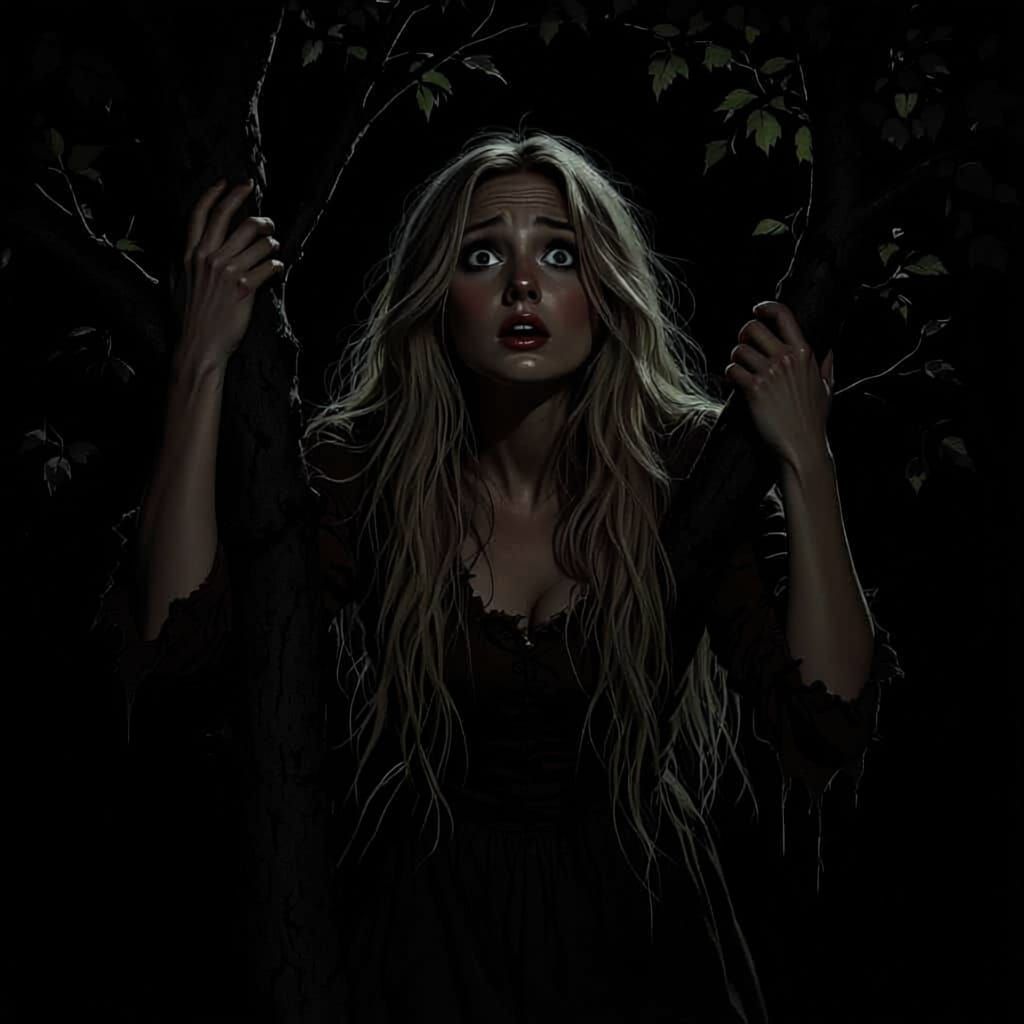 Terrified Woman Clings to Tree on Dark Gothic Night