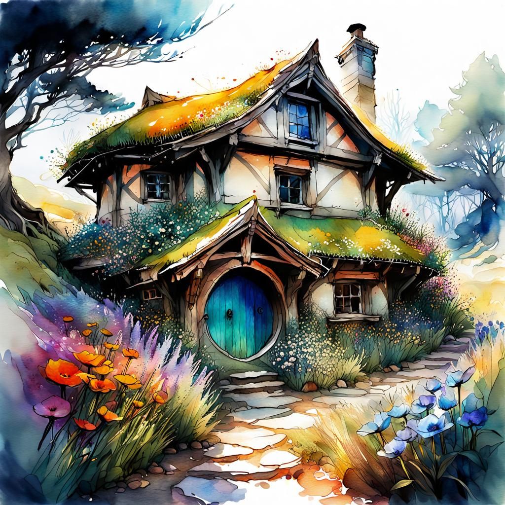 Cosy Hobbit House in Blooming Field, Watercolor Art