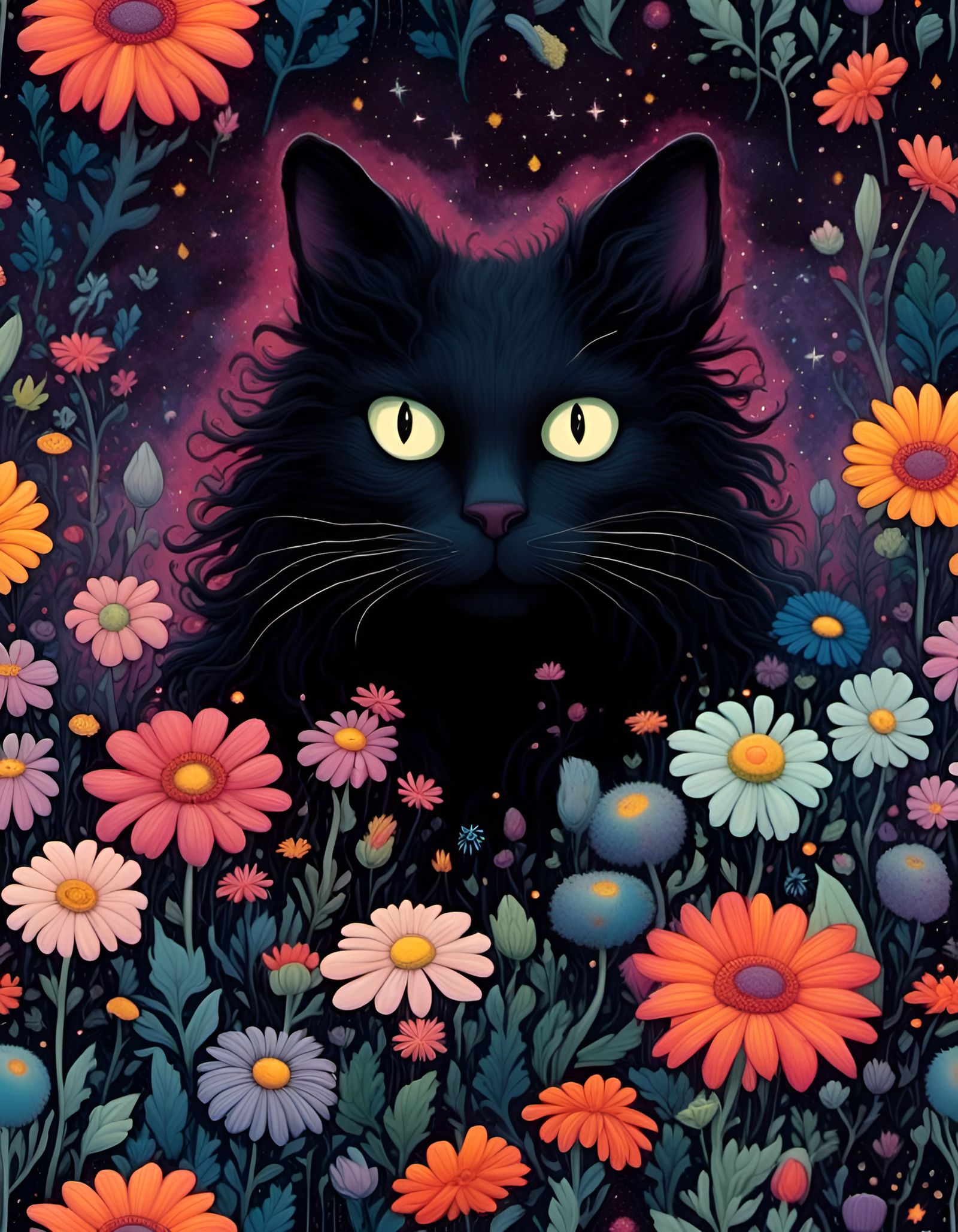 Black Cat in Dark Whimsy Forest of Stars