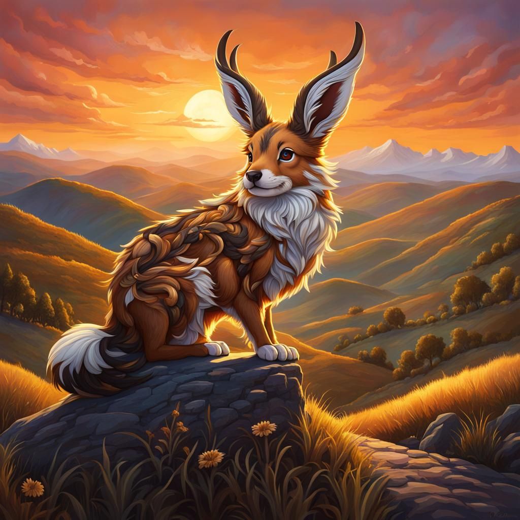 Detailed Wolpertinger Pet at Sunset: Fantasy Art