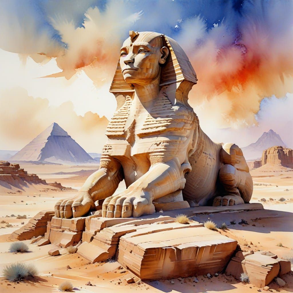 Majestic Sphinx in Desert Watercolor Painting