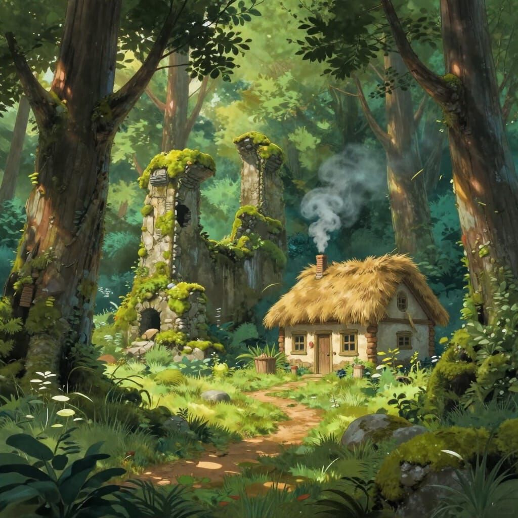 Ancient Forest Ruins with Stylized Cottage