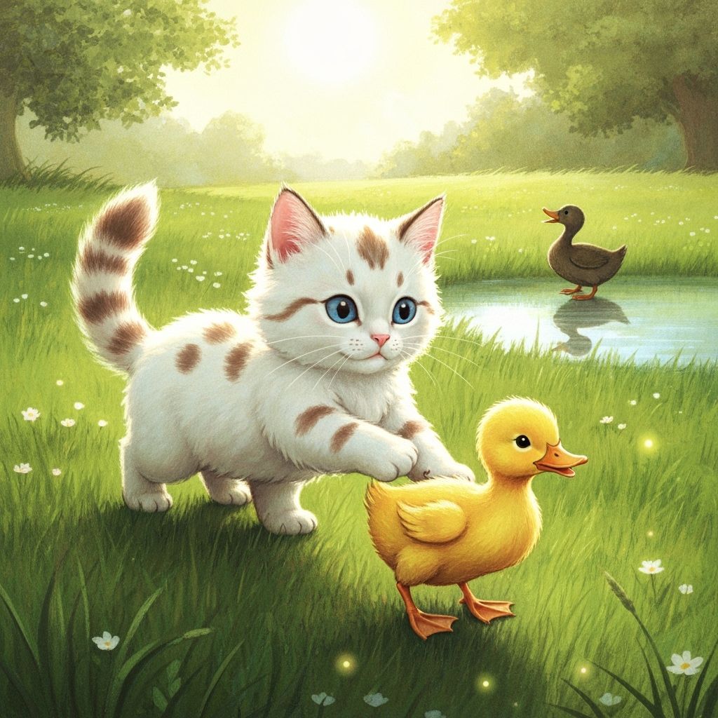 Kind Kitten Helps Lost Duckling Find Mother in Meadow
