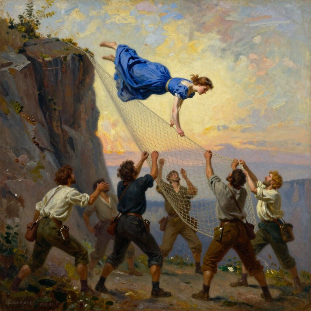 Dramatic Oil Painting of Men Rescuing Falling Woman