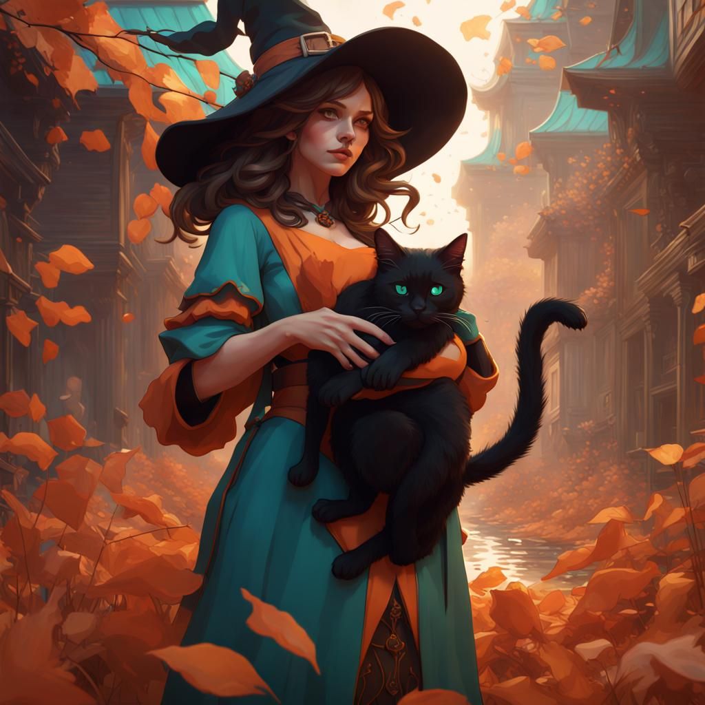 Witch and Black Cat: Hyperdetailed Digital Art