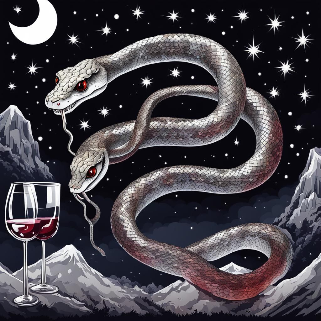 Surreal Silver Snake Sipping Wine Amidst Starry Explosion
