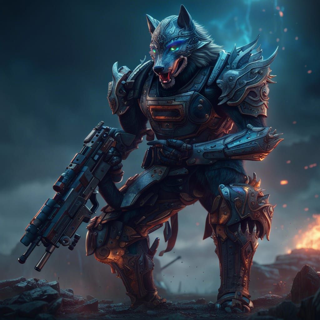 Cybernetic Wolf Warrior on Battlefield in Detailed Style
