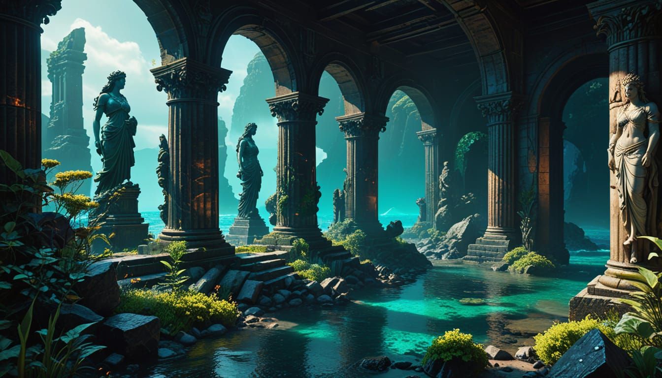 Underwater Atlantean City Ruins in Alcohol Ink Style
