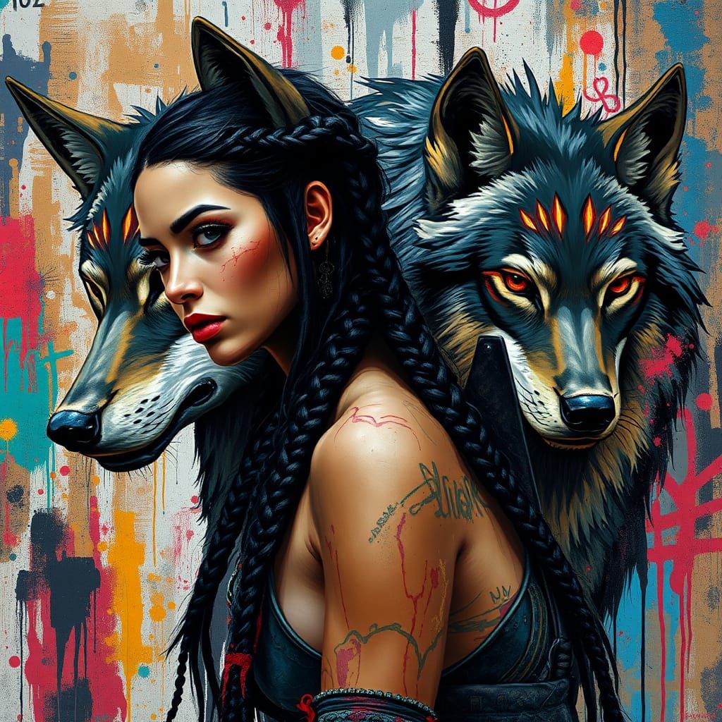 Warrior Woman and Mythical Wolf in Street Art Style