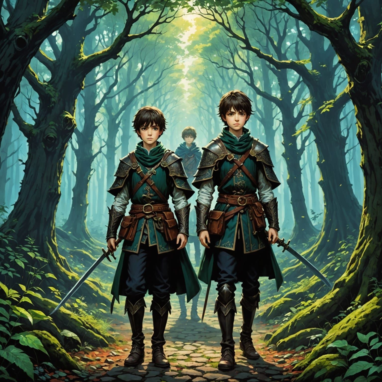 Fantasy Twins Echo in Dark Medieval Forest
