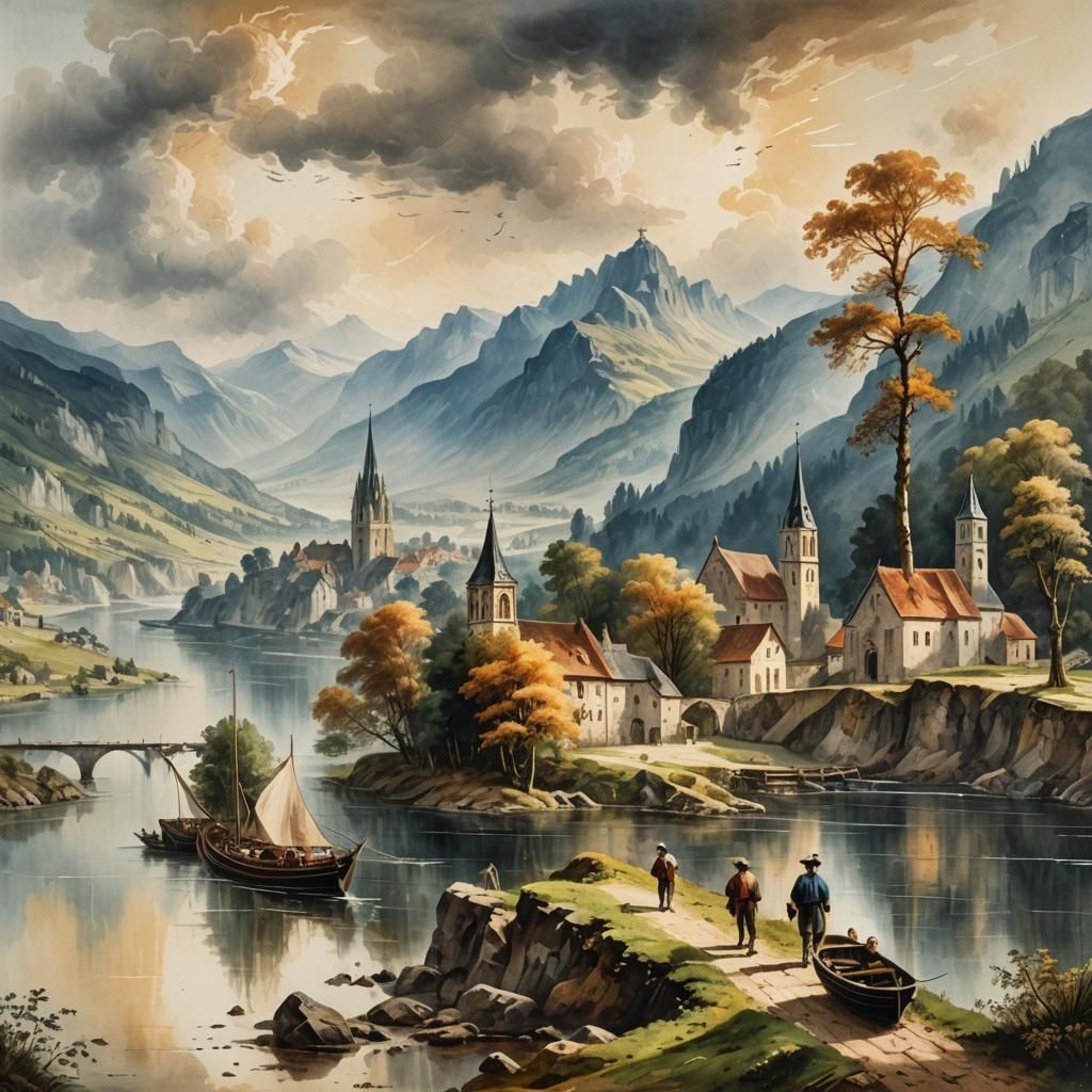 German Landscape Painting with Church and River