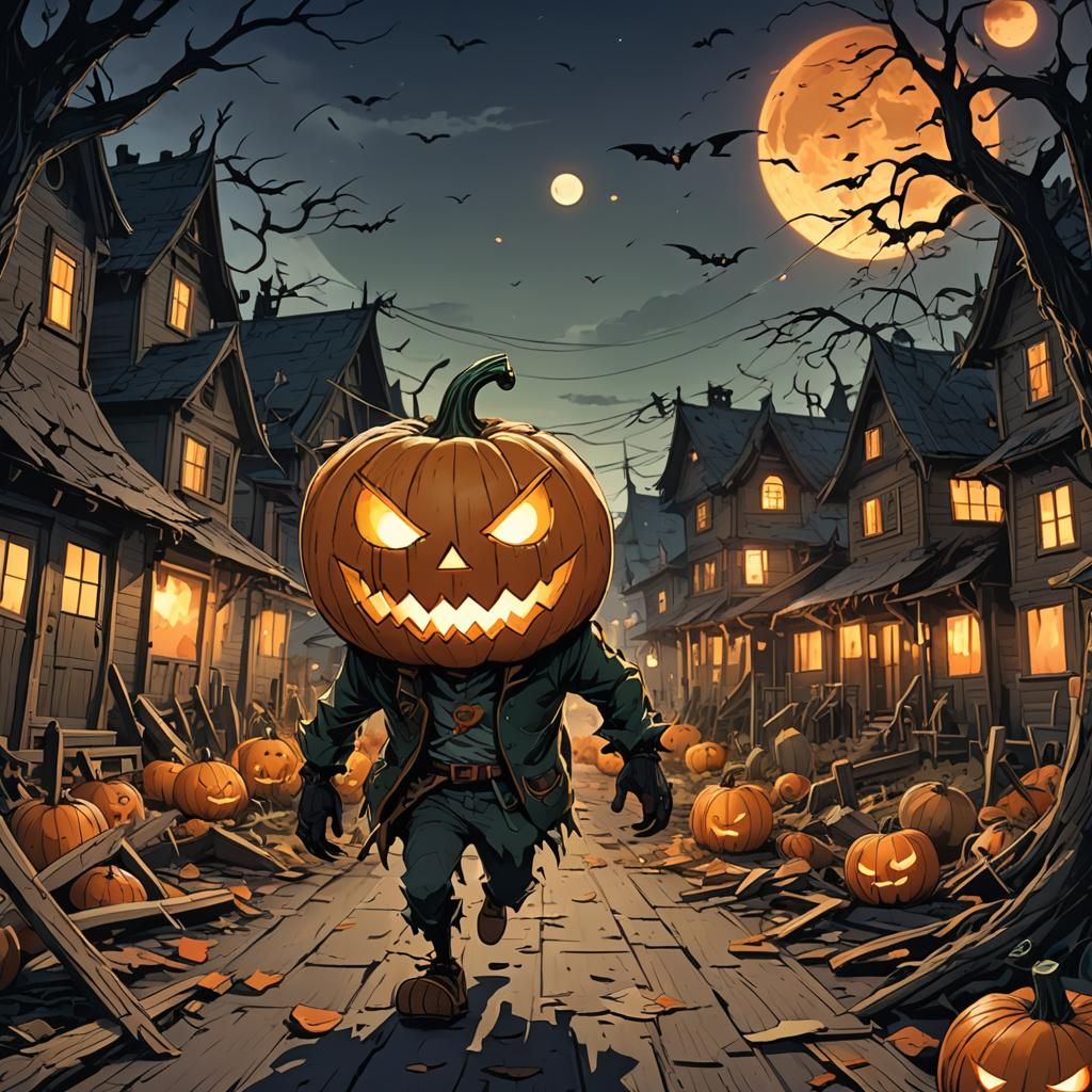 Terrifying Pumpkin Monster Rampage in Anime Style