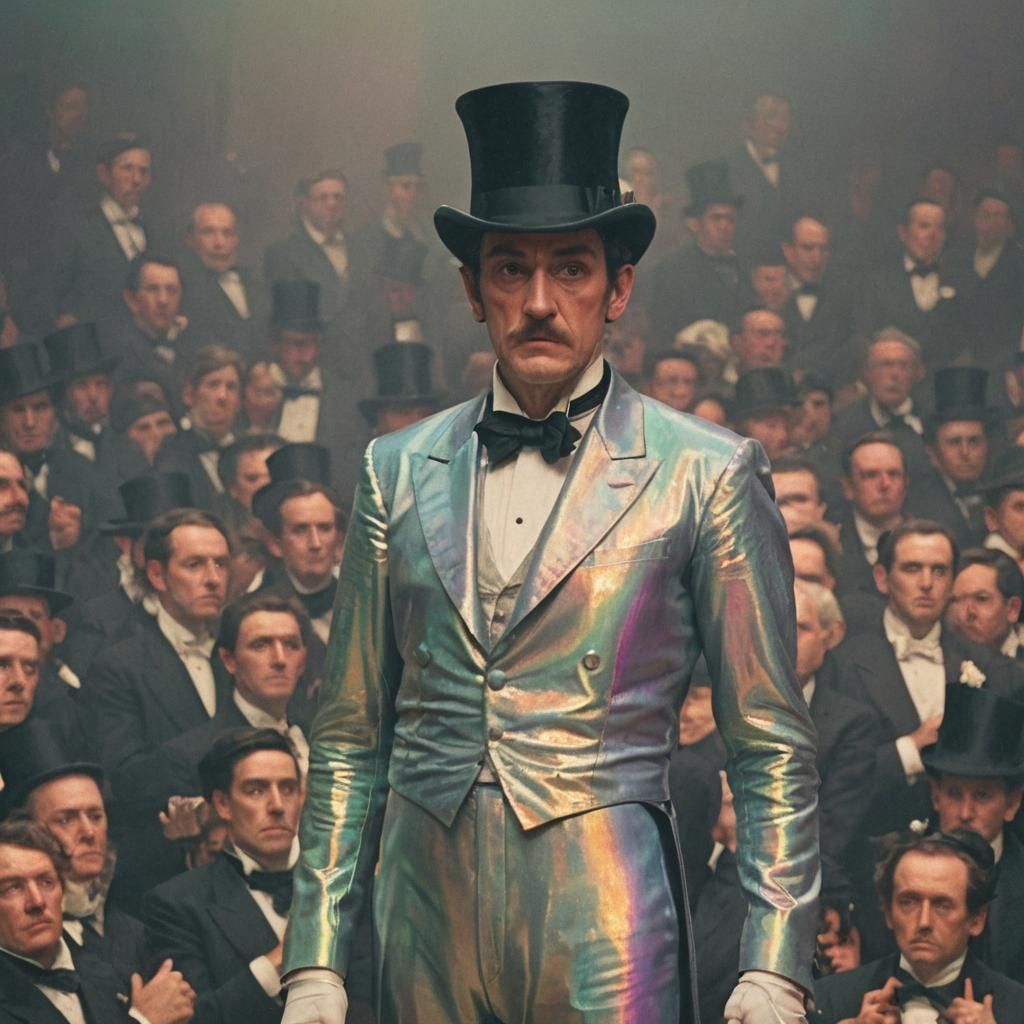 Iridescent Leotard Man Scowls at Top Hat Audience