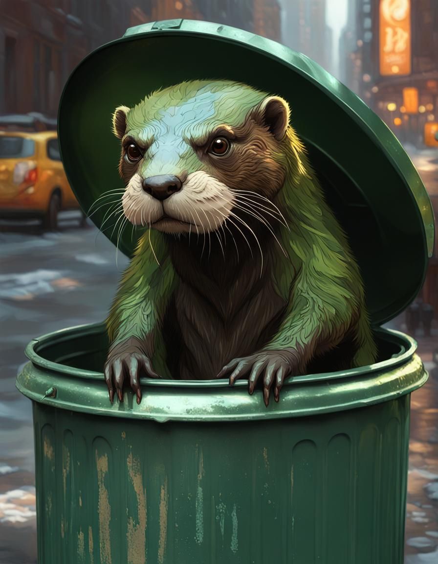 Grumpy Otter in Trash Can: Hyperrealistic Horror Art