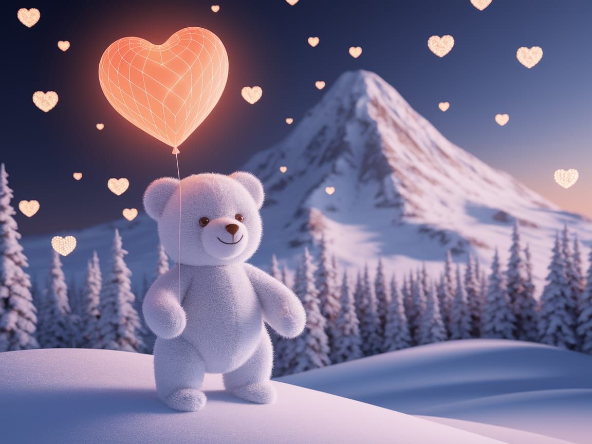 Whimsical Winter Wonderland with Teddy Bear and Glowing Hear...