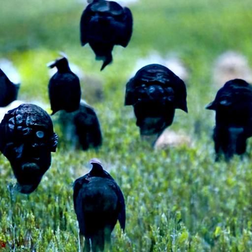 Surreal Field of Crows with Human Heads