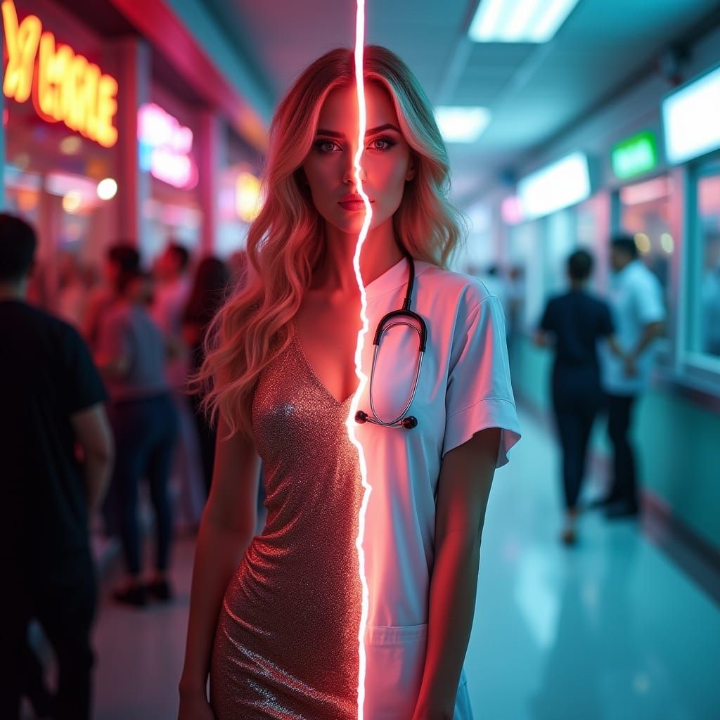 Dual Life: Partygoer and Nurse in Hyperrealistic Portrait