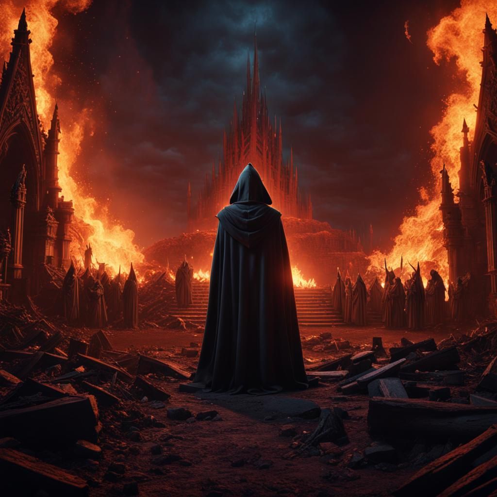 Hooded Figure at Funeral Pyre: Fantasy Concept Art