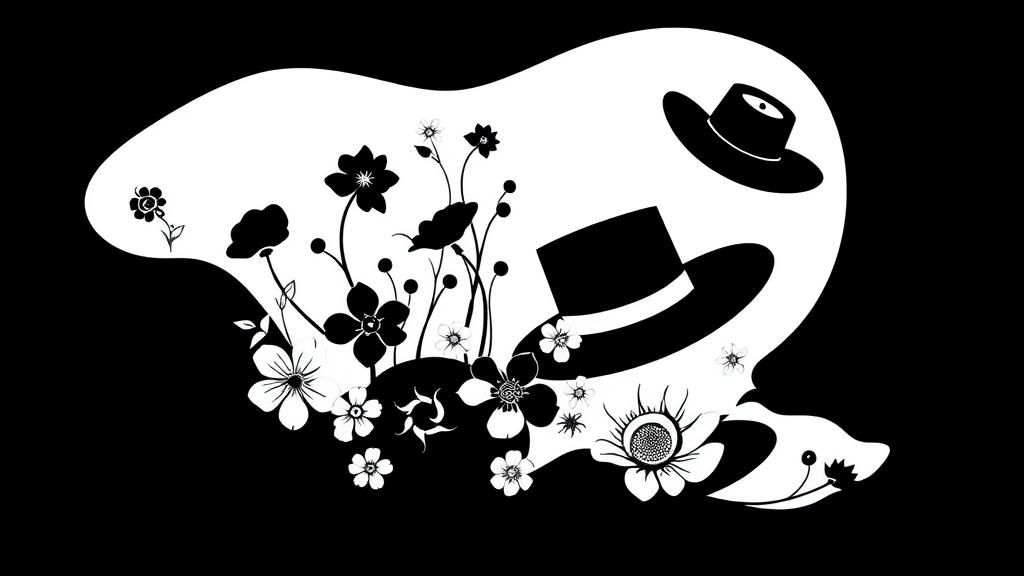 Minimalist Black and White Floral Abstract with Hats