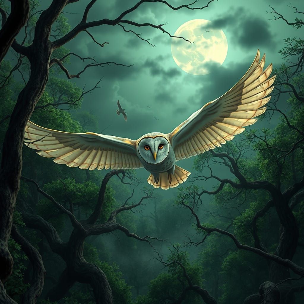Surreal Barn Owl Soars Under Ethereal Moonlight in Hyper-Rea...