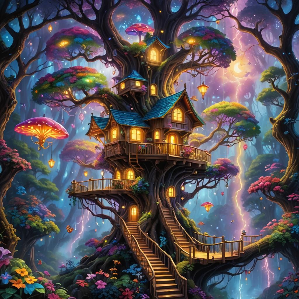 Lisa Frank Inspired Flower Treehouse in Forest