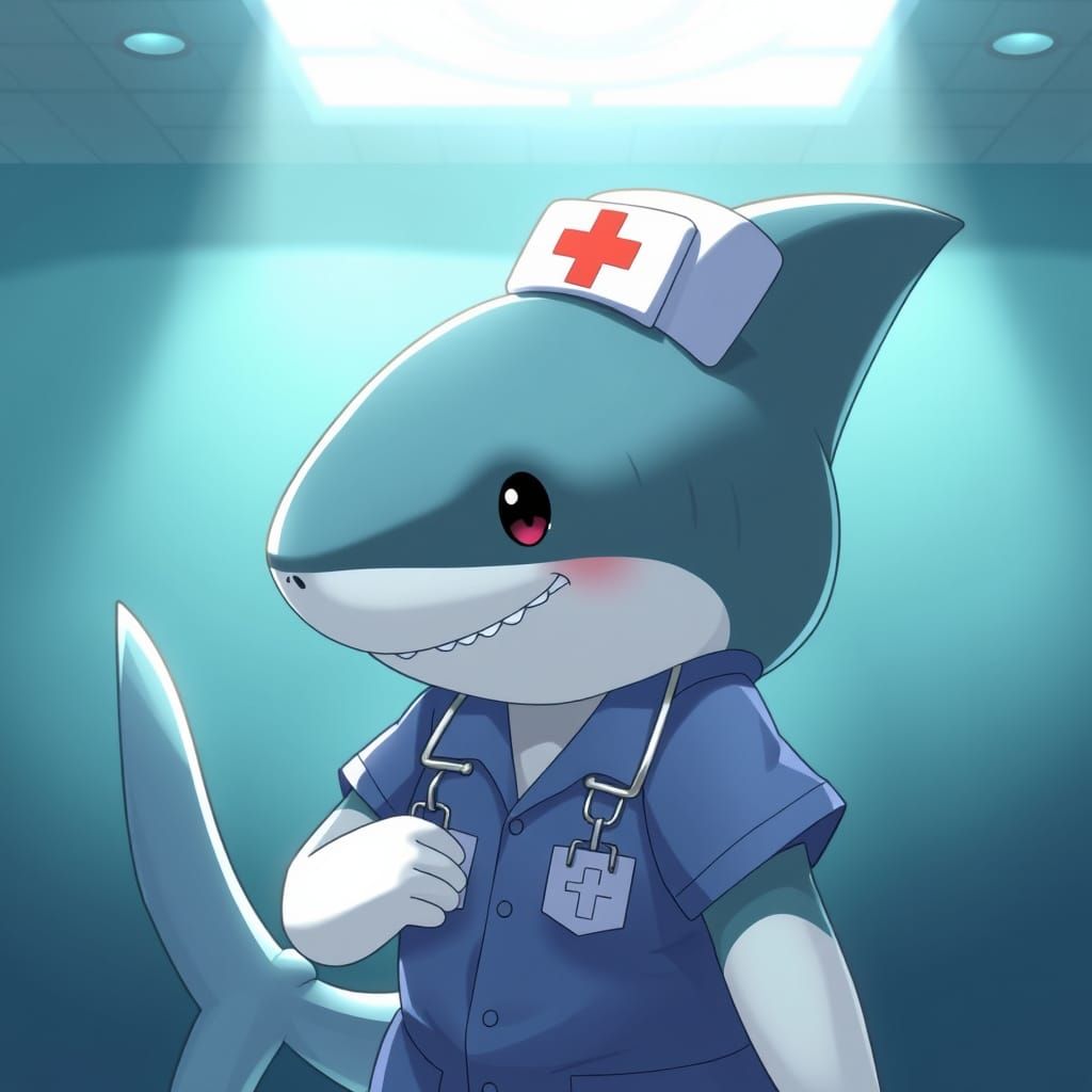 An anthropomorphic shark dressed as a nurse.  anime.
