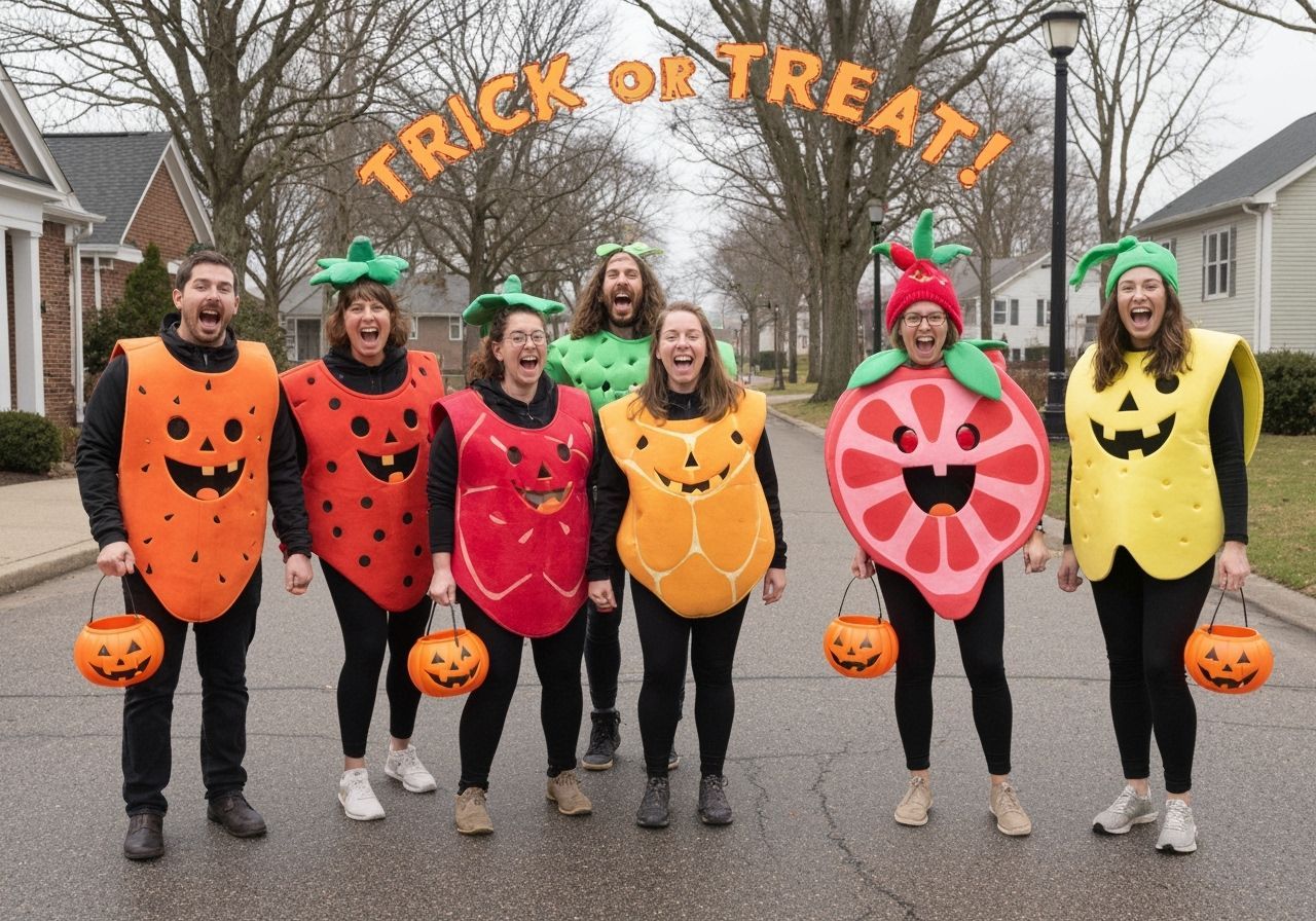 Adults in Fruit Costumes Trick-or-Treating