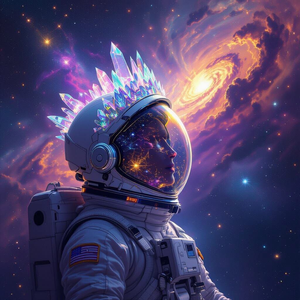 Astronaut with Crystal Crown in Cosmic Void