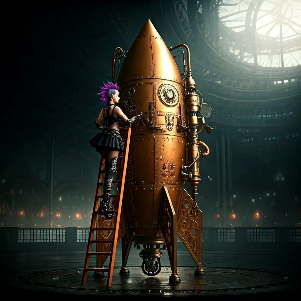 Steampunk Punker Girl Inspects Elaborate Rocket Engine