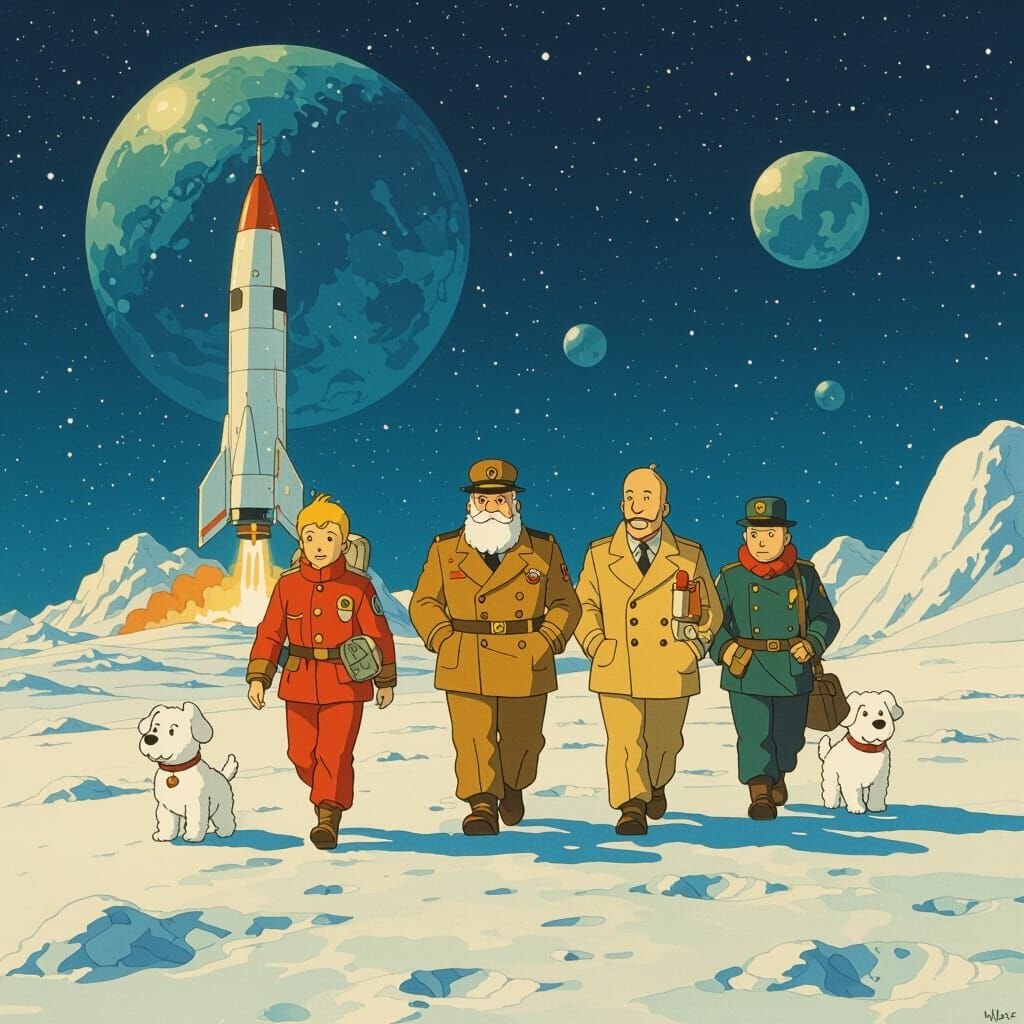 Tintin and Friends Explore the Moon in Anime Style