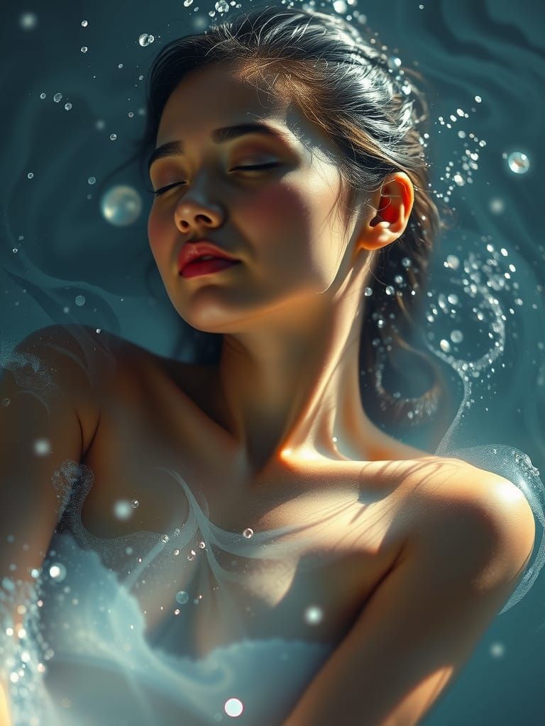 "View of a woman bathing, her wet skin is full of water droplet, dripped down.. swirling atmosphere splash Screen art ex...