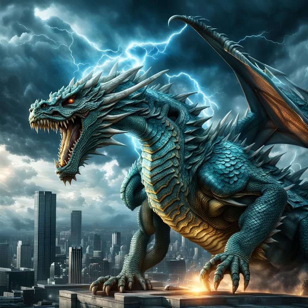 Storm Dragon God Above Metropolis in 4K