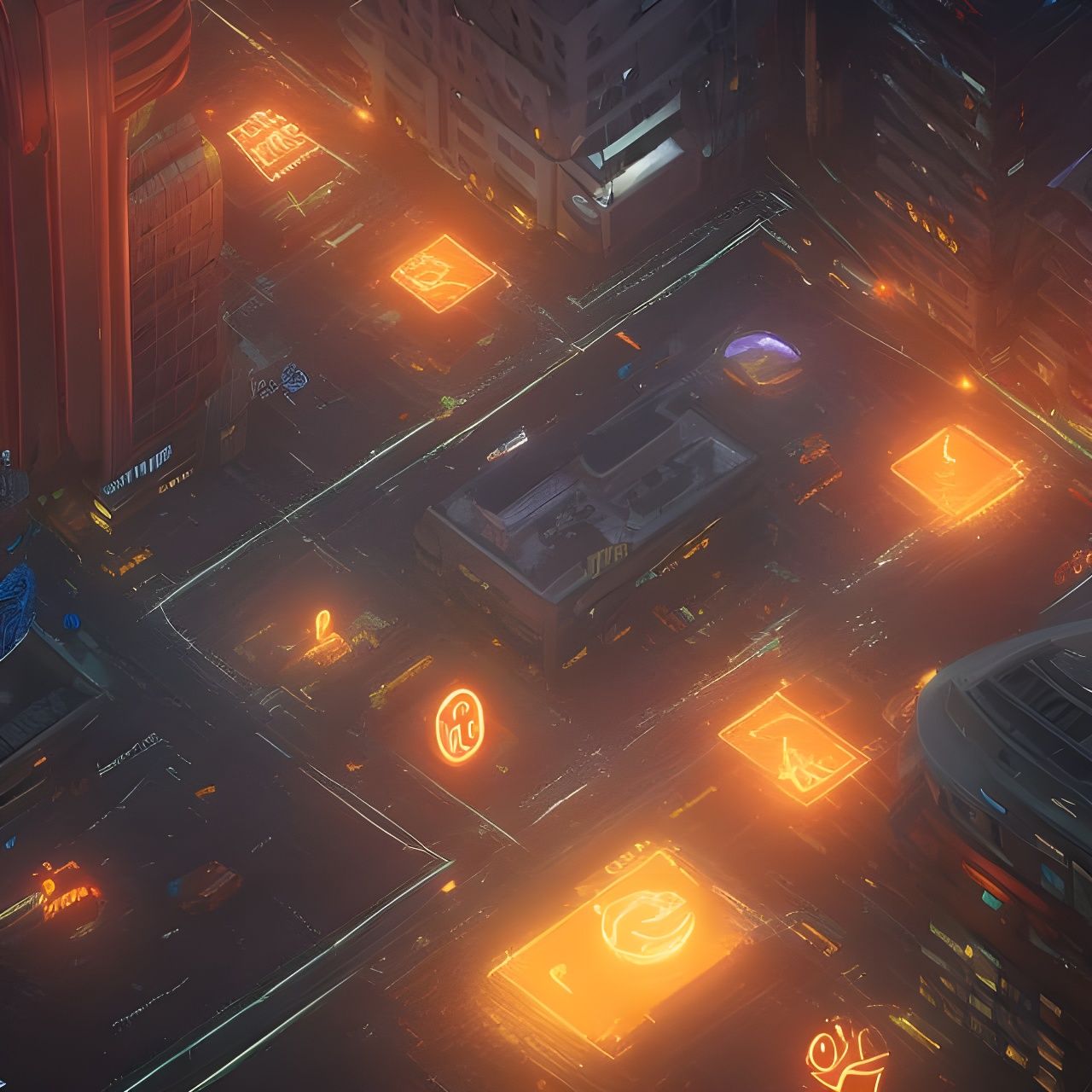 Glowing Game Icons in Modern City: 3D Art