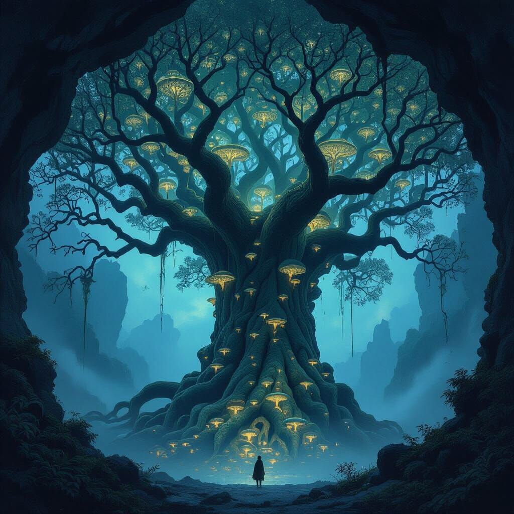 Bioluminescent Grotto: Ancient Tree in Twilight
