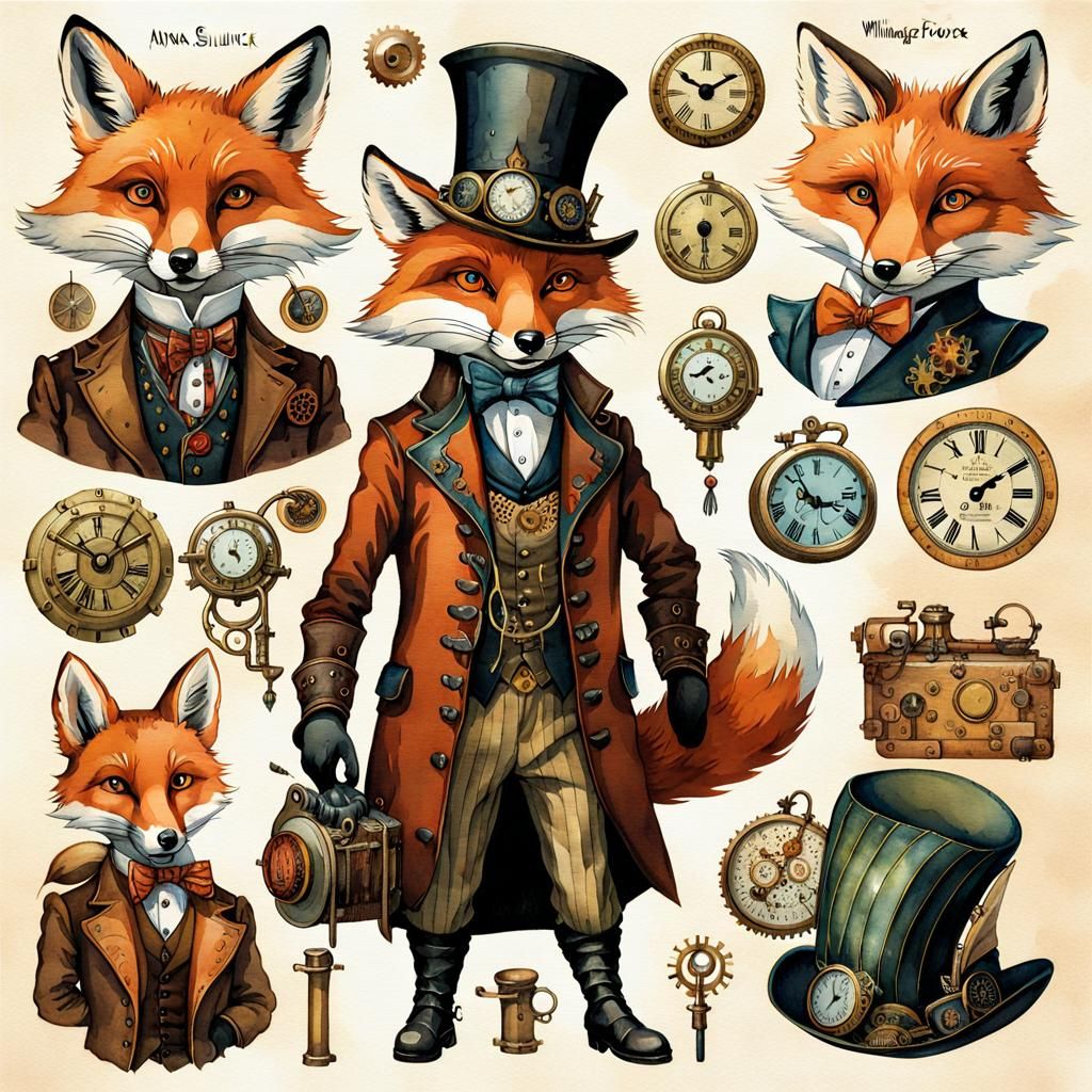 Steampunk Foxes Sticker Sheet in Watercolor Style