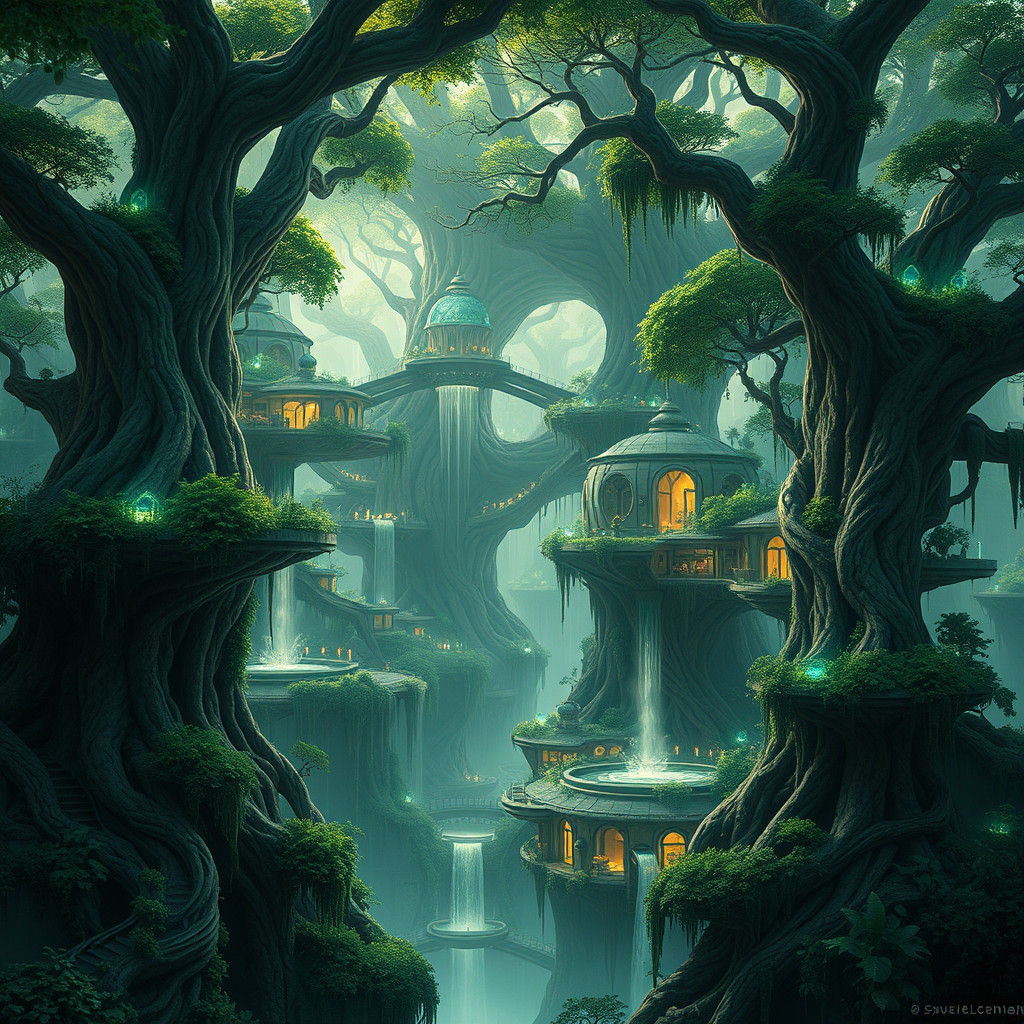 Futuristic City in Ancient Trees with Bioluminescent Vines