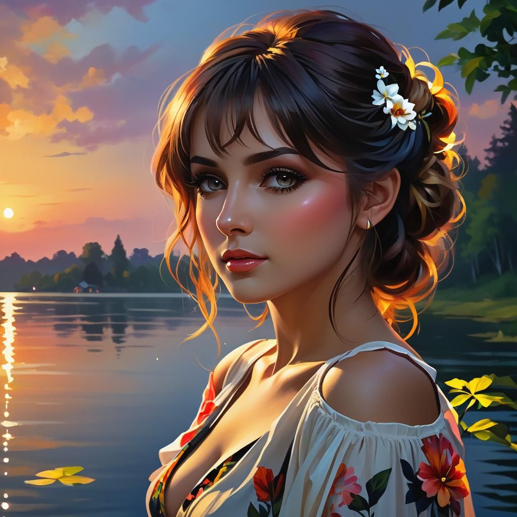 Summer Evening Lake Portrait in Impressionist Style