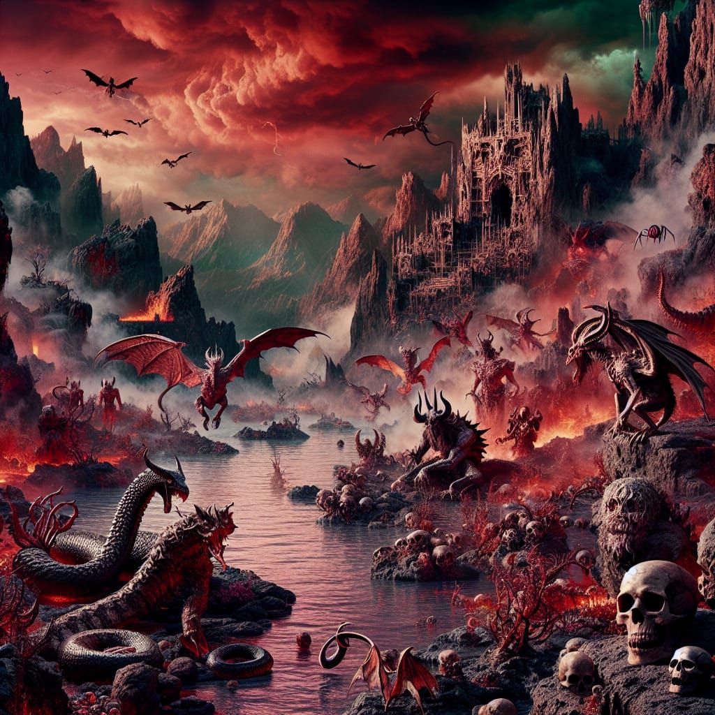 Infernal Underworld: Grotesque Creatures and Lava Rivers