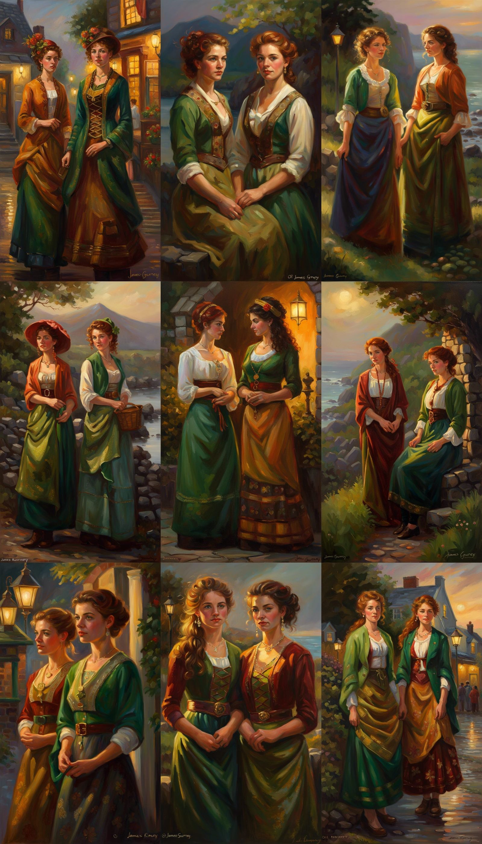 Beautiful Irish Women in Traditional Attire and colors in the style of Thomas Kinkade in late evening lighting