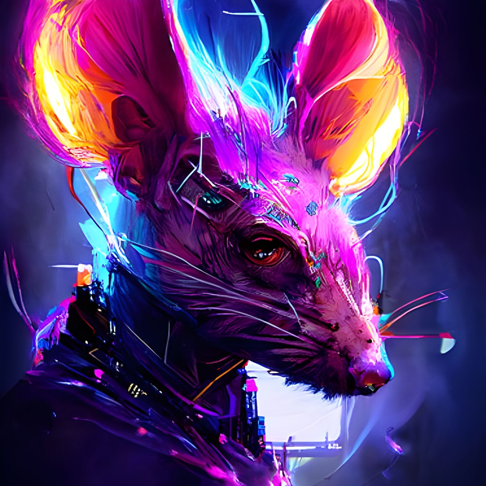 Cyberpunk Rat Portrait in Purple Flames