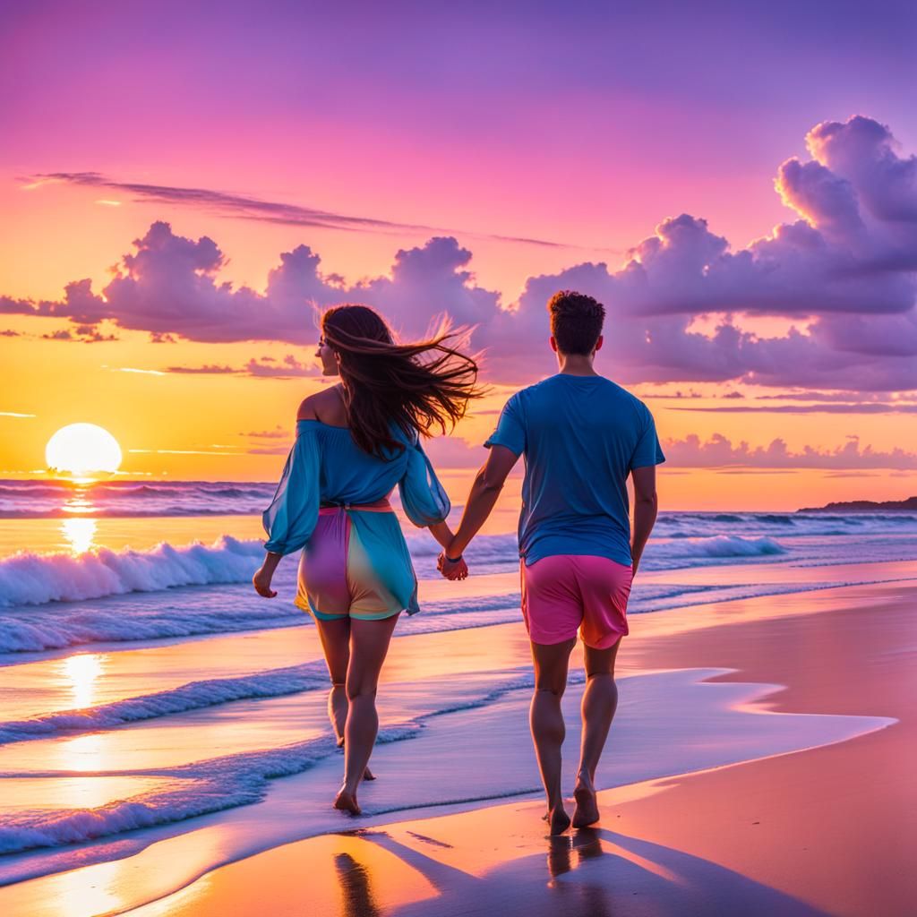 Couple Running on Beach at Sunset, Vibrant Colors
