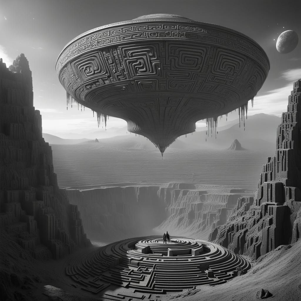 Spaceship over Ancient Maze Crater: Dark Fantasy Art