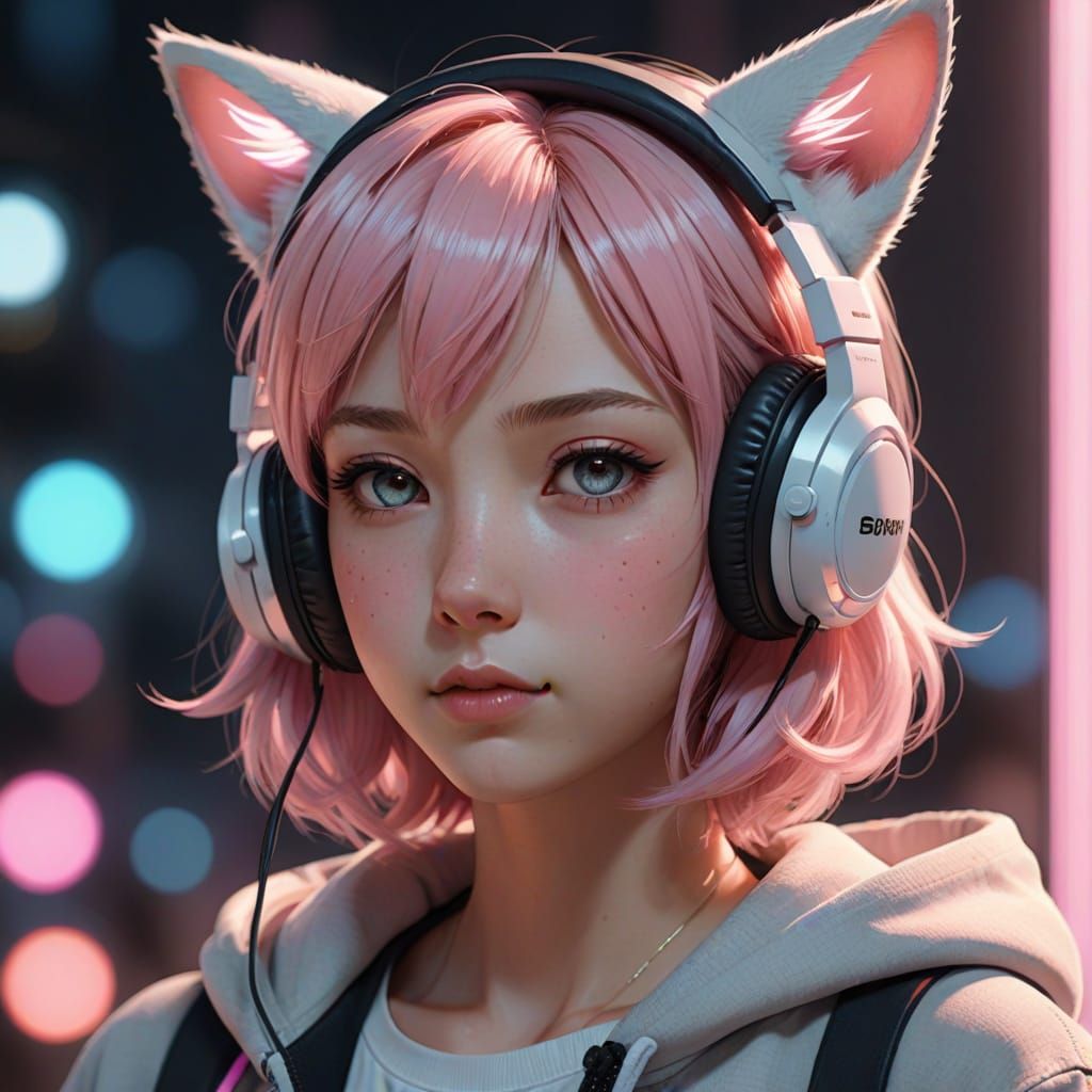 Kawaii Anime Person with Pink Cat Ear Headphones