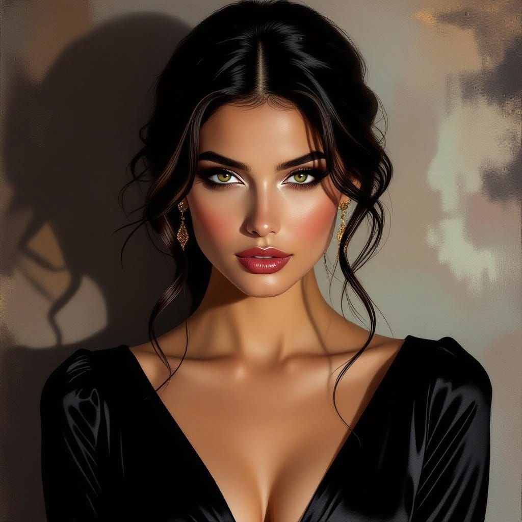 Mysterious Woman With Dark Eyes in Shadowy Portrait