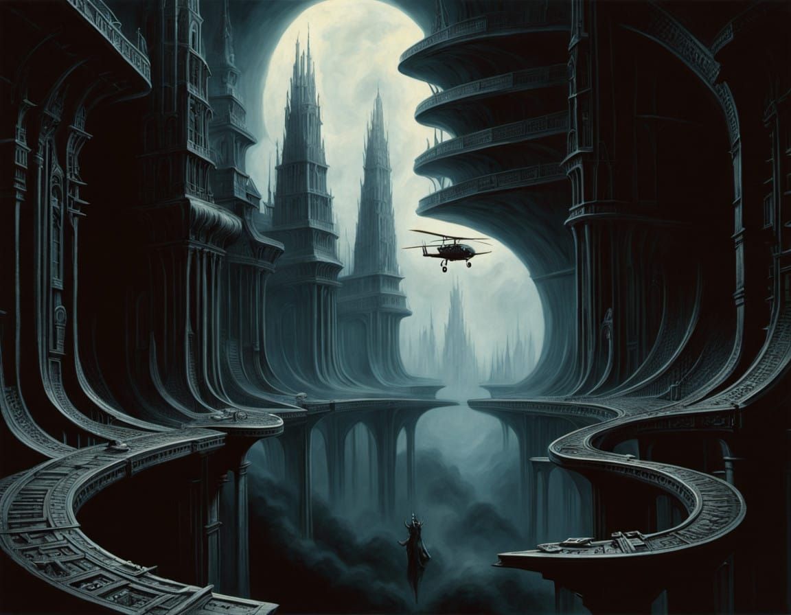 Cyberpunk Horror Biplane in a Nightmarish Metropolis