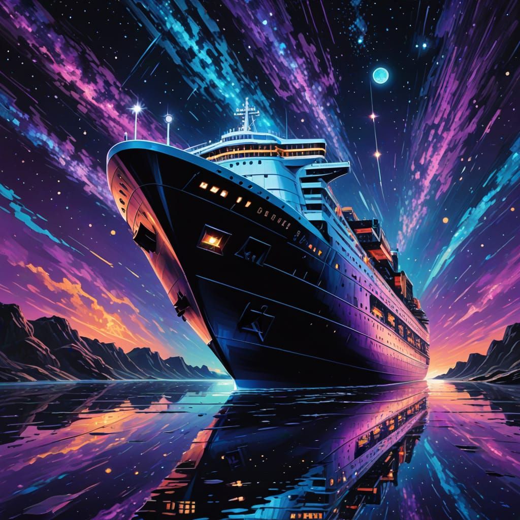 Cosmic Cruise Ship in Vibrant Oil Painting Style