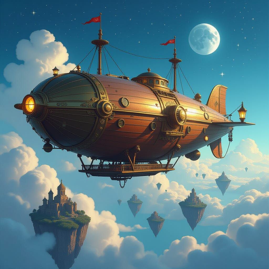 Steampunk Airship Over Starlit Ocean, Floating Islands