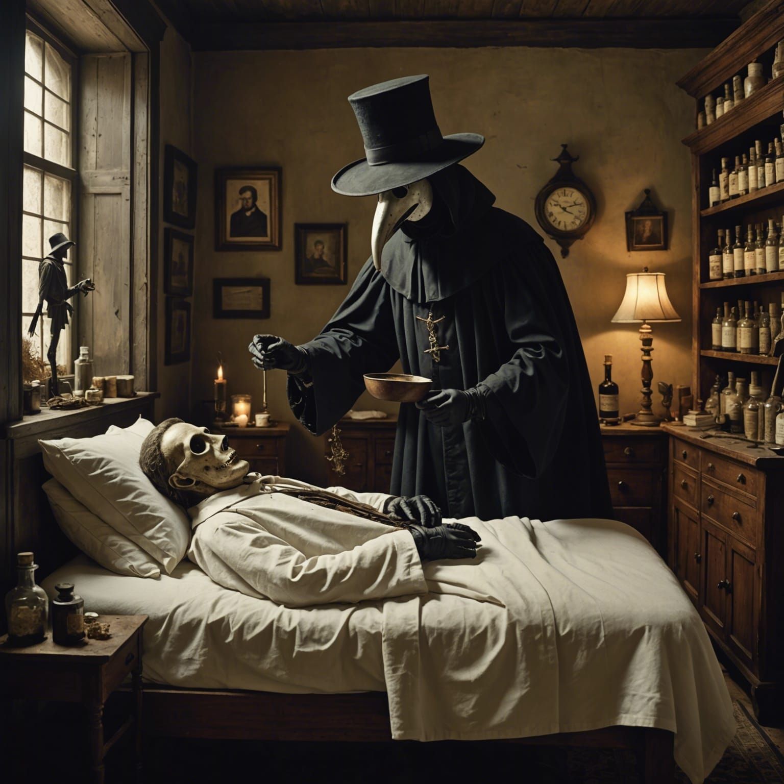 Eerie Plague Doctor in Apothecary of Horror
